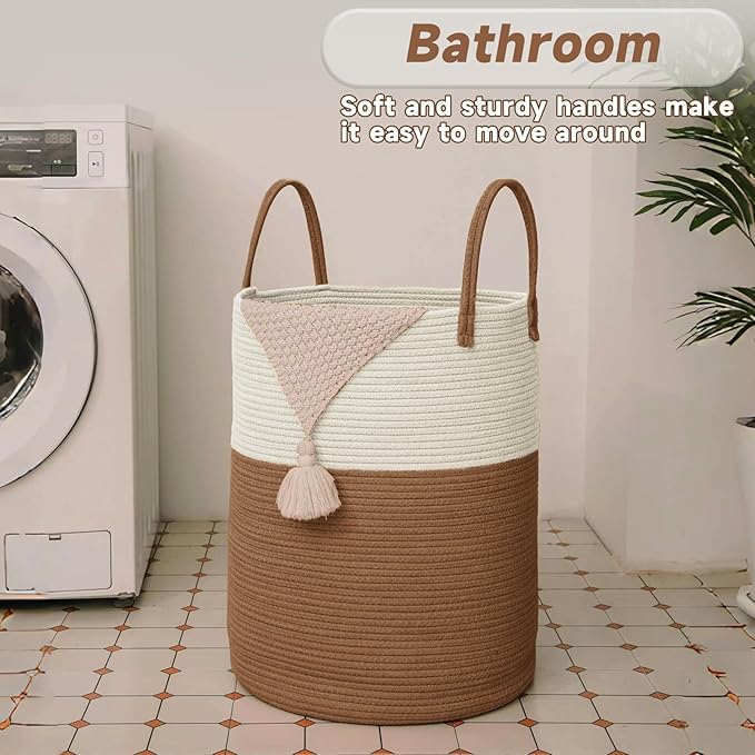 Large Woven Laundry Basket Hamper, 80L Cotton Rope Storage Bin - Image 5