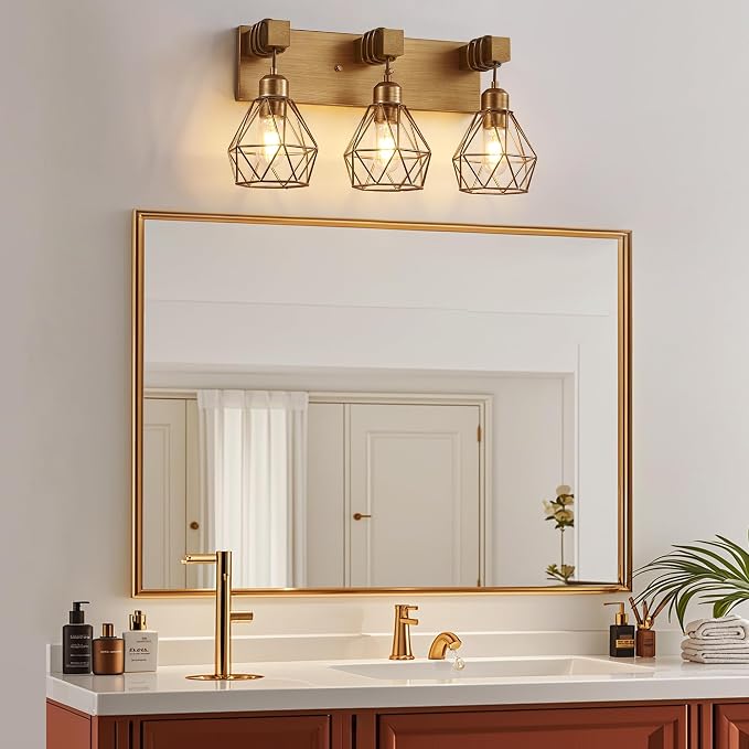 Gold Bathroom Vanity Light Fixtures, 3-Light Gold Bathroom Light Fixtures Over - Image 2