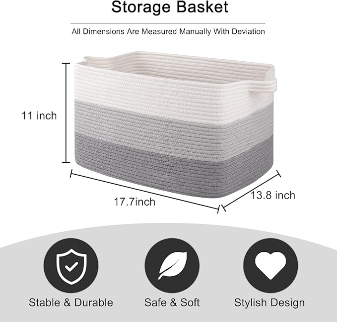 OIAHOMY Cotton Rope Basket, Rectangle Woven Baskets - Image 3