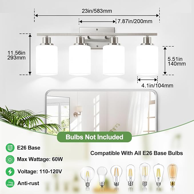 4-Light Bathroom Light Fixtures, Brushed Nickel Vanity Lights - Image 8