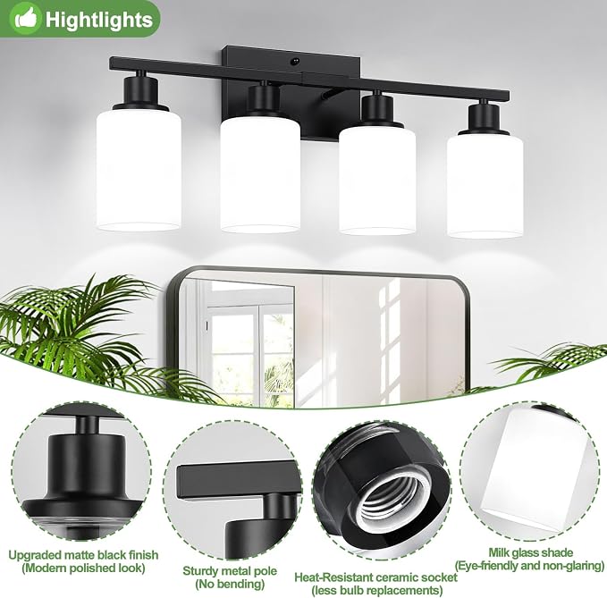 4-Light Bathroom Light Fixtures, Matte Black Vanity Lights - Image 4
