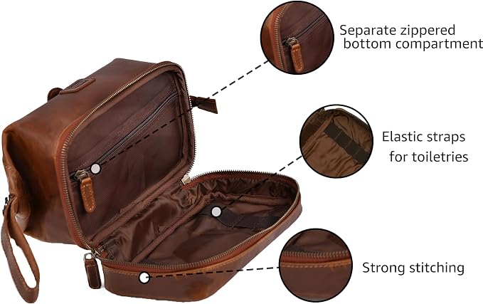 LEATHER VILLAGE Genuine Leather Dopp Kit – Large Travel Toiletry Bag - Image 2