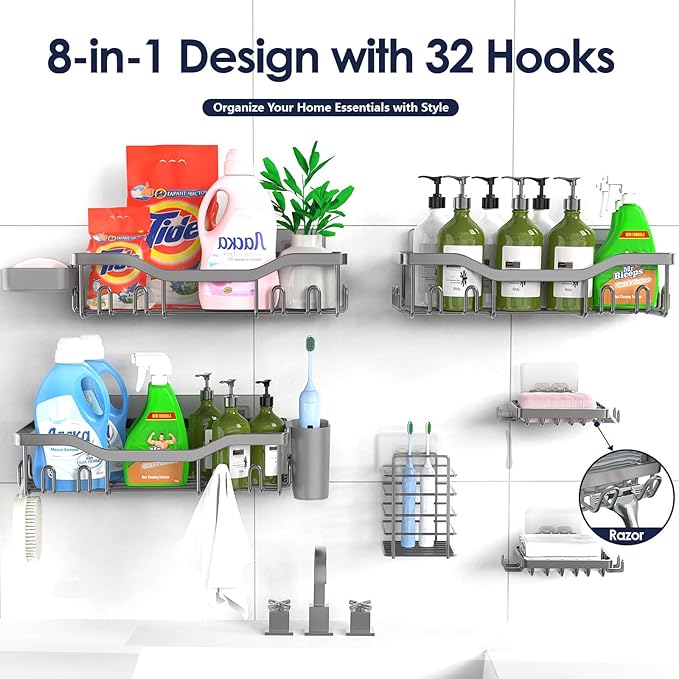 Shower Caddy Adhesive Shower Organizer 8-Pack, Rustproof Stainless Steel - Image 7