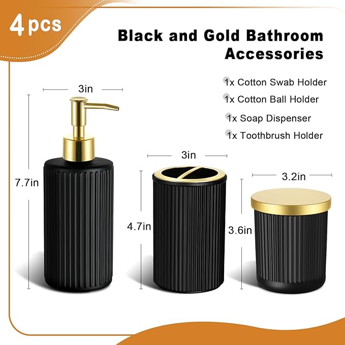 Matte Black and Gold Bathroom Accessories Set, 4 Pack Glass Bath Accessory Sets - Image 2