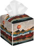Gold Mountains and Red Sun Tissue Box Cover Square, Abstract Mountain Sunset by sndheke