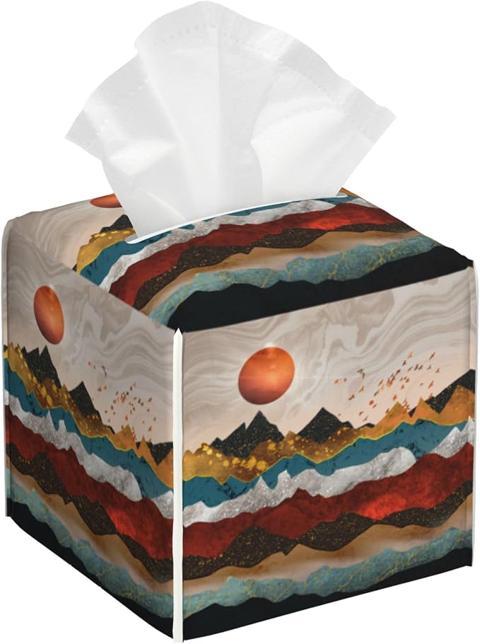 Gold Mountains and Red Sun Tissue Box Cover Square, Abstract Mountain Sunset by sndheke
