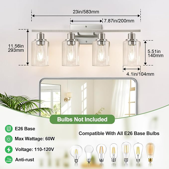 4-Light Bathroom Light Fixtures, Brushed Nickel Vanity Lights - Image 7