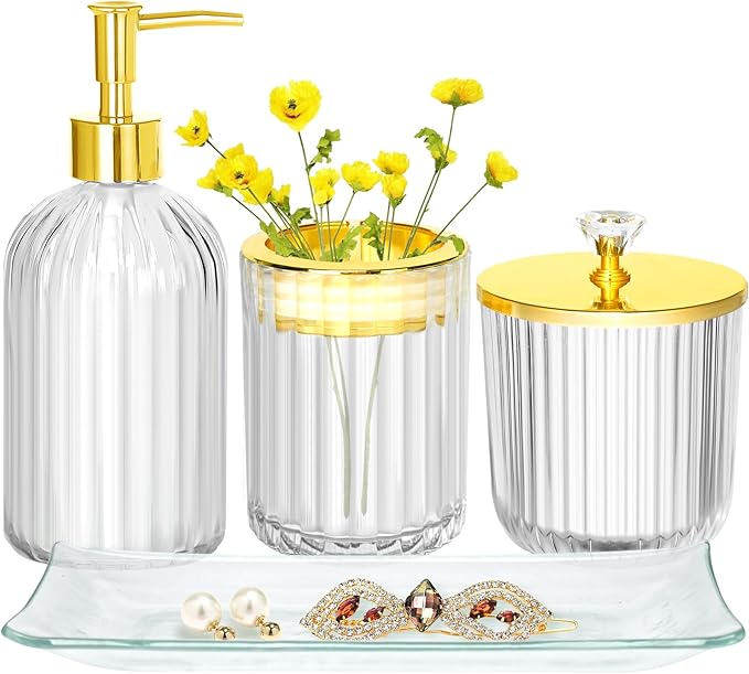 Bathroom Accessories Set, Toothbrush Holder, Apothecary Jar, Vanity Tray by Haturi