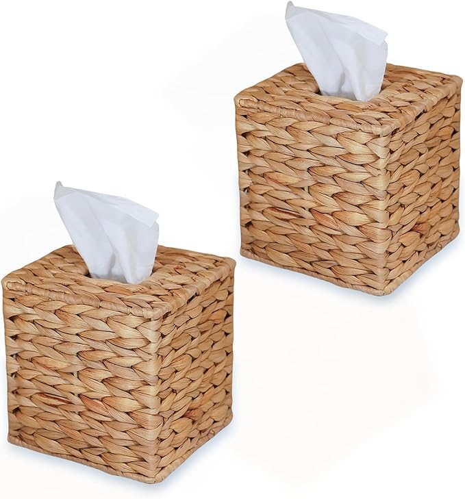 Set of 2 Water Hyacinth Handwoven Tissue Box Cover, Natural Handmade Wicker by PINXIURY
