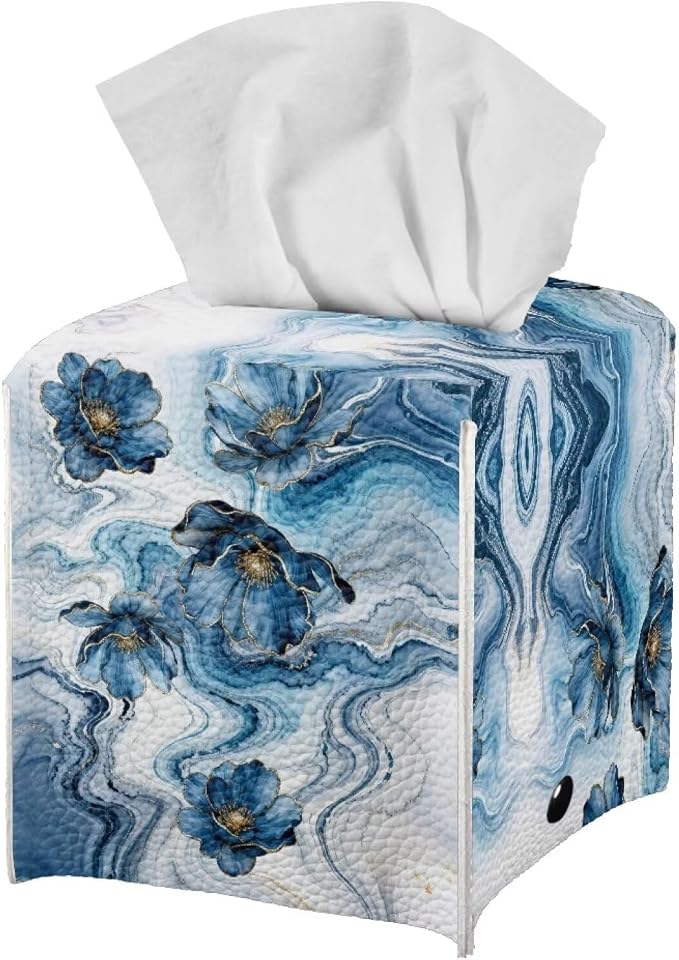 Blue Marble Flower Tissue Box Holder Waterproof PU Leather Square Modern Tissue - Image 2