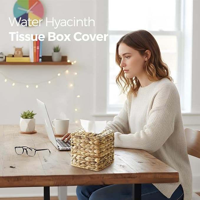 Tissue Box Cover, Square Wicker Tissue Box Holder Facial Tissues Boxes - Image 5