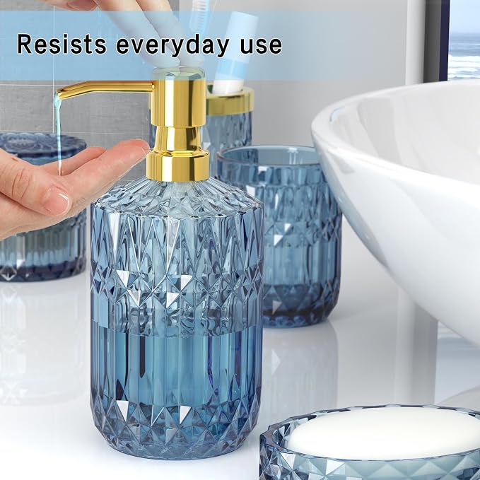 Blue Bathroom Accessories 5 Pcs, Glass Bathroom Accessory Set, Vintage Blue - Image 5