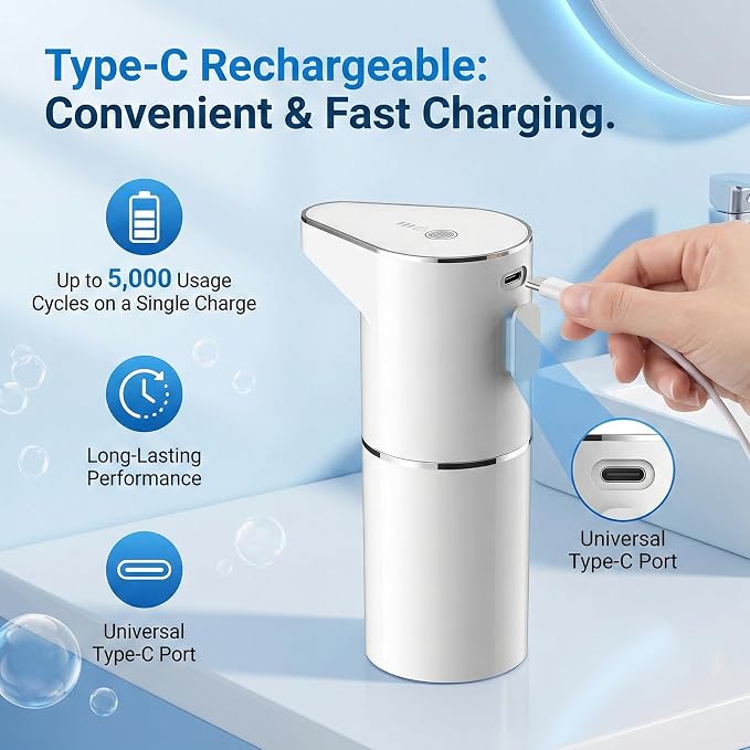 Automatic-Foaming-Soap-Dispenser-Touchless, Type C Rechargeable White Hand Soap - Image 6