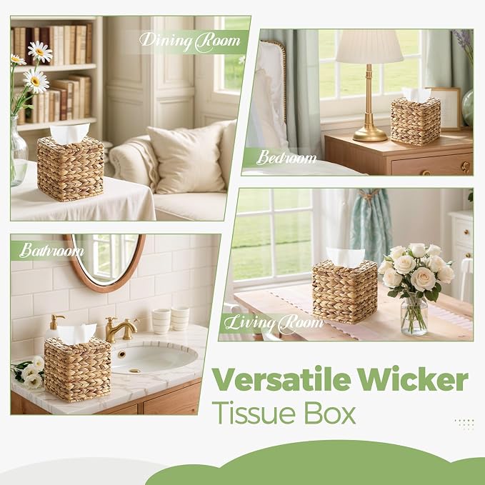 2 Pack Rattan Tissue Box Cover Square, Wicker Tissue Box Holder Facial Tissues - Image 6