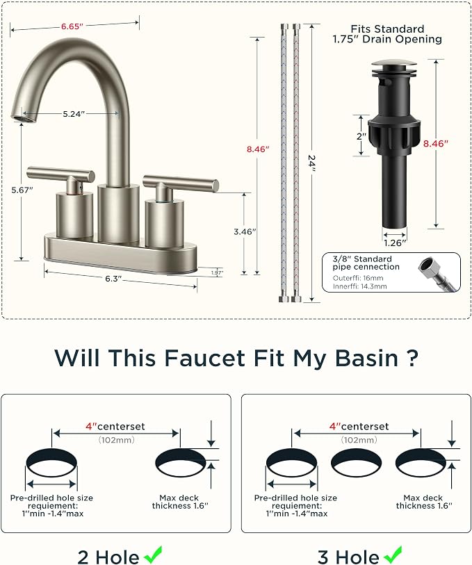FORIOUS Brushed Nickel Bathroom Faucet 2 Hole, 4 Inch Centerset Bathroom Sink - Image 8