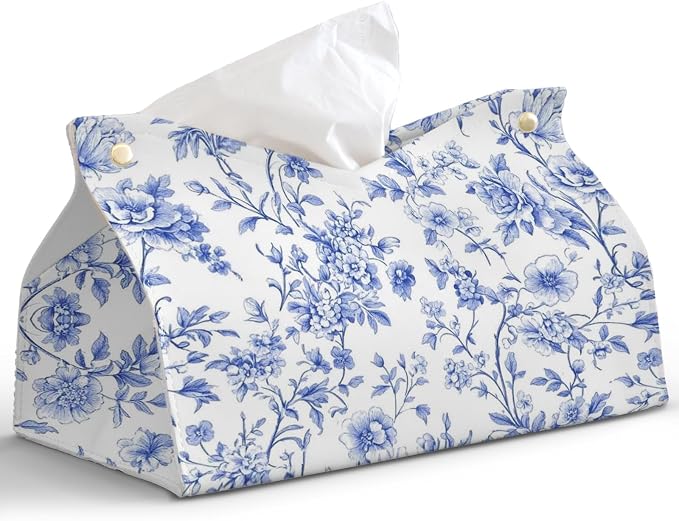Light Blue Chinoiserie Tissue Box Cover Rectangle, PU Leather Decorative Facial by PaJiaNi