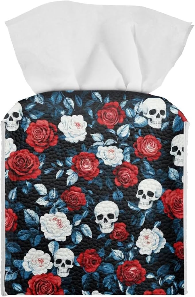 Red Rose Skull Modern Tissue Box Holder, Waterproof Square PU Leather Napkin by Pzuqiu