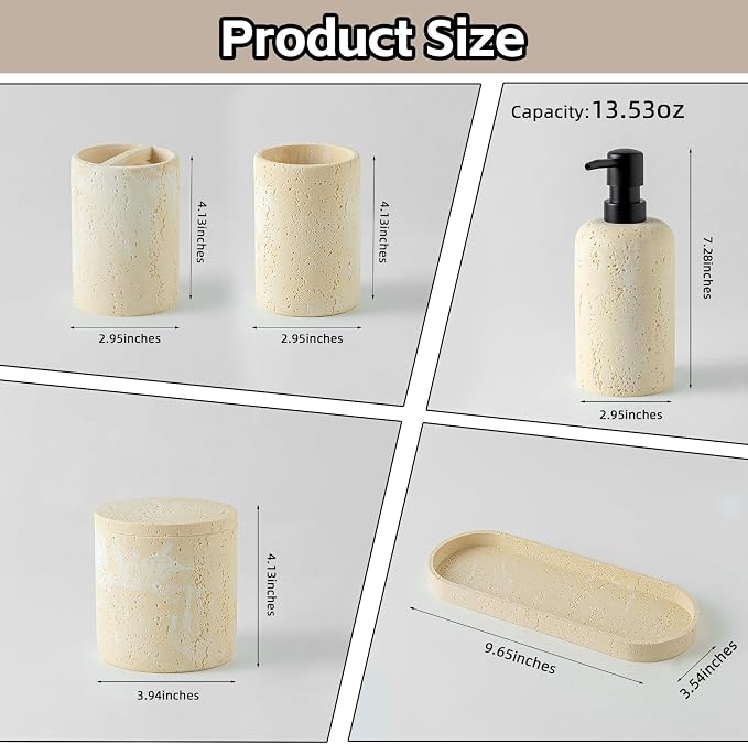 Bathroom Accessories Set, Travertine Stone-Look, Toothbrush Holder, Vanity Tray - Image 3