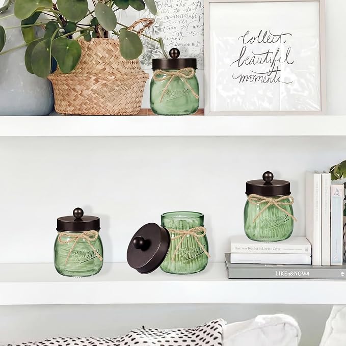 SheeChung Green Glass Qtip Holder Dispenser, Mason Jar Apothecary Jars - Image 2