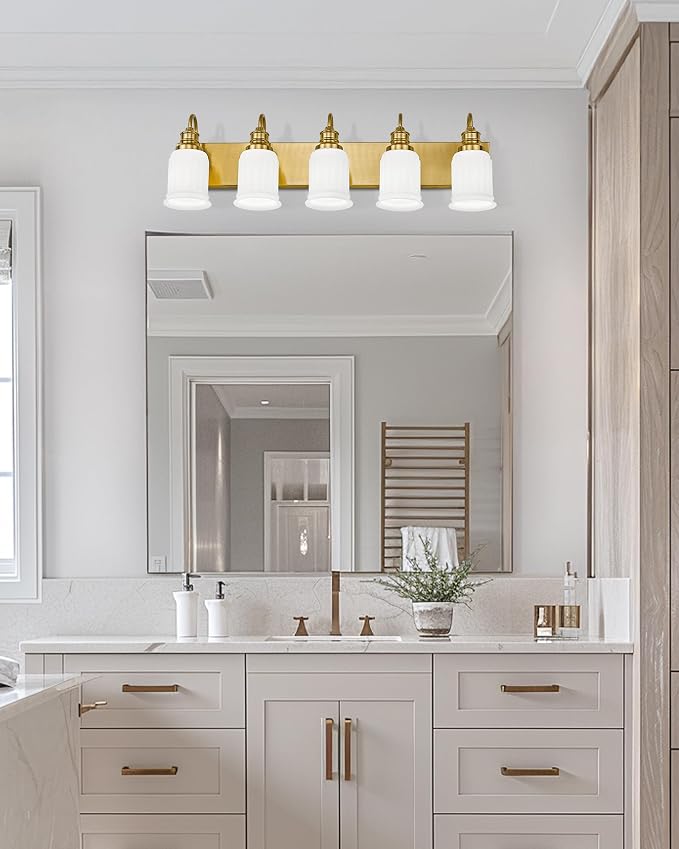 5-Light Bathroom Vanity Light, HWH Brushed Gold Bathroom Lighting Fixtures - Image 7