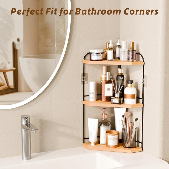 Corner Bathroom Counter Organizer, 3-Tier Wood Countertop Organizer - Image 5