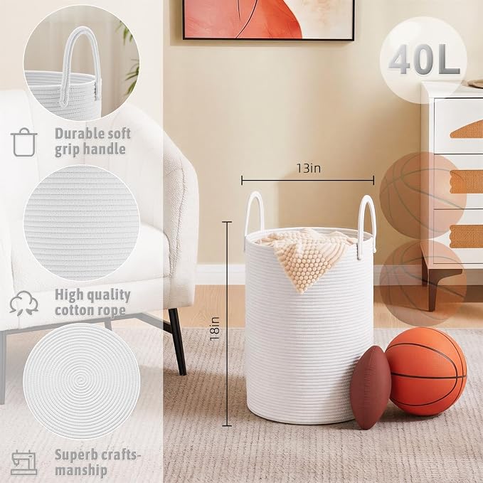 Laundry Basket, Woven Cotton Rope Laundry Hamper, 40L - Image 6