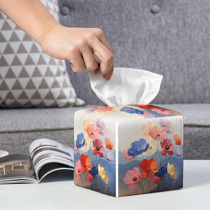 Floral Tissue Box Cover Leather Tissue Box Holder Square Facial Paper Organizer - Image 7