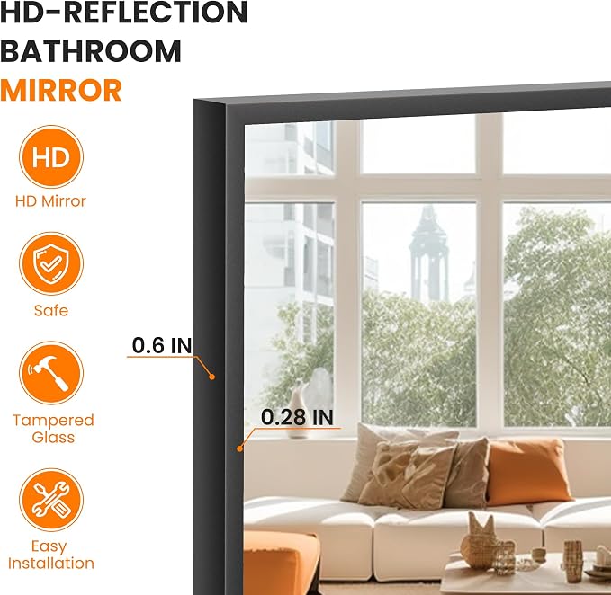 Bathroom Vanity Mirror for Wall, HD Shatterproof Glass, Hangs Horizontally or - Image 3