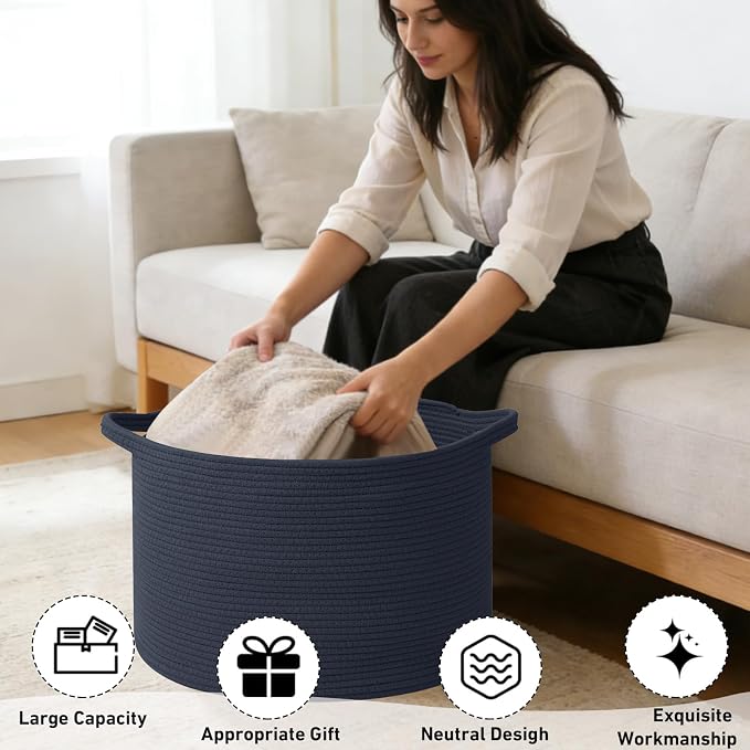 65L Large Blanket Basket, 19.7" L x 19.7" W x 13" H Rope Woven Baskets - Image 4