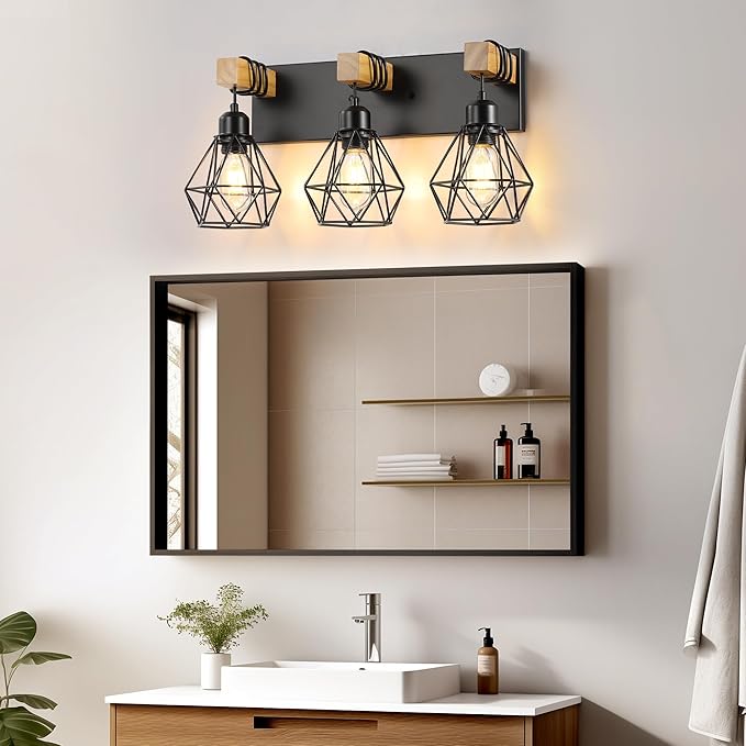 3-Light Farmhouse Bathroom Vanity Light Fixtures, Wood Bathroom Light Fixtures - Image 2