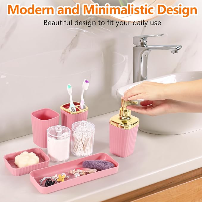 Bathroom Accessory Set, 9 Pieces Pink Bathroom Accessories Set - Image 4