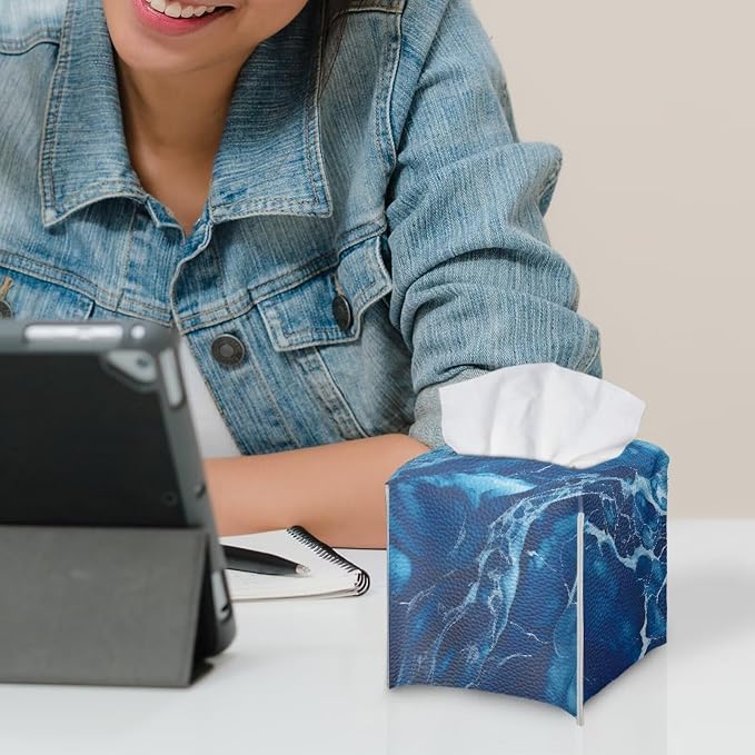 Blue Marble Tissue Box Cover Modern Square Tissue Box Organizer Decorative PU - Image 6