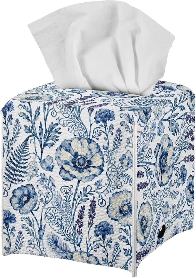 Blue Flowers Tissue Box Holder Square PU Leather Tissue Organizer Case - Image 2