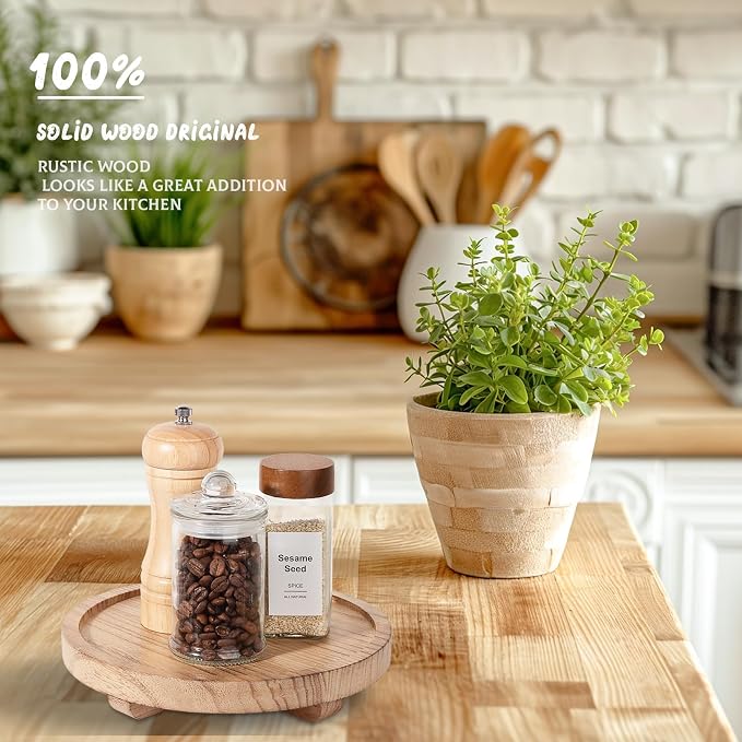 Round Decorative Tray Wood Bathroom Counter Organizer Farmhouse Kitchen Decor - Image 3