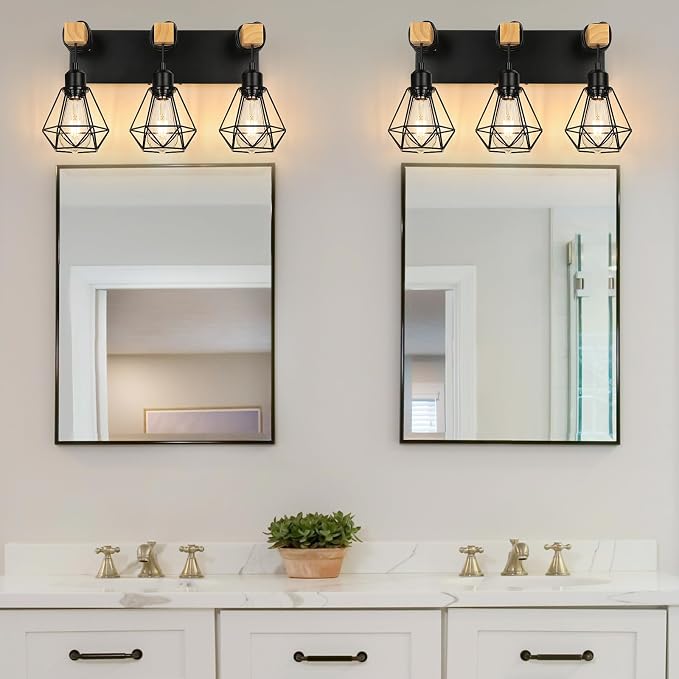 3-Light Farmhouse Vanity Light, Industrial Wood Bathroom Light Fixtures Over - Image 7