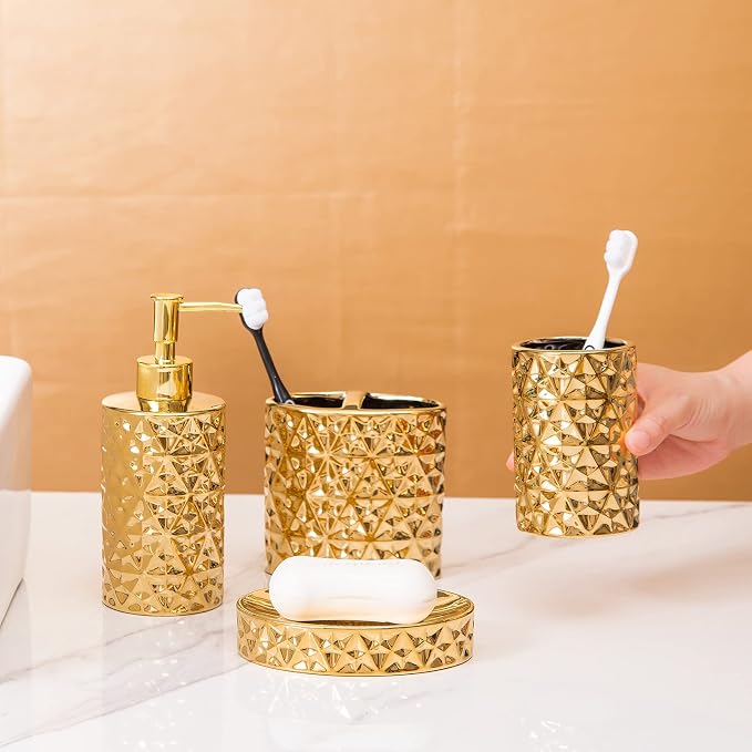 Gold Bathroom Accessory Sets 4 Piece Ceramic Gift Set Apartment Necessities - Image 7