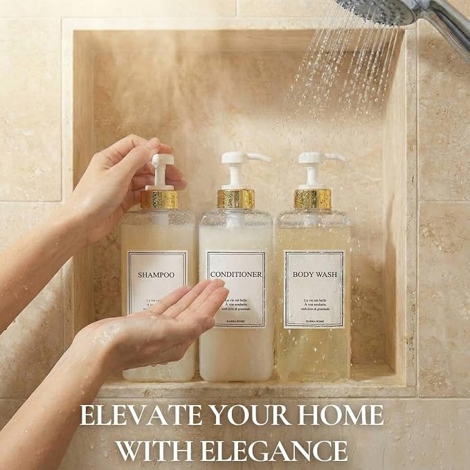Modern Gold Design Shampoo and Conditioner Dispenser, Large 27oz Shower Soap - Image 3