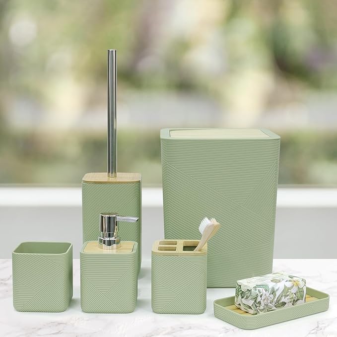 CERBIOR Bathroom Accessories Set 6 Piece Bamboo Bath Ensemble Includes Soap - Image 7