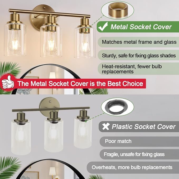 3-Light Bathroom Light Fixtures, Brushed Brass Bathroom Wall Lights - Image 7
