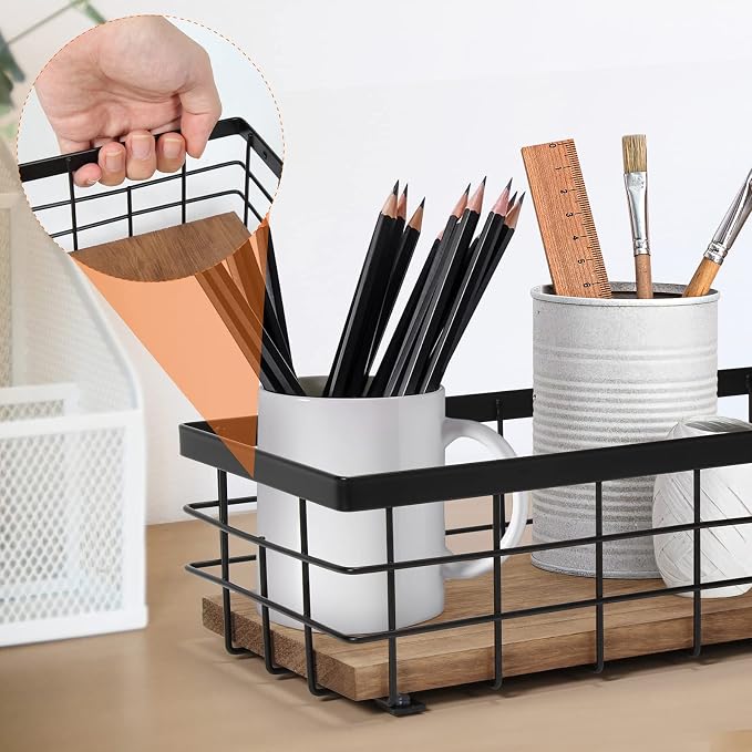 TJ.MOREE 2-Pack Small Metal Wire Basket, Decorative Wood Base Organizer - Image 4