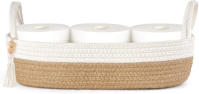 Mkono Small Storage Basket for Toilet Tank Top Boho Bathroom Decor Woven Rope by Mkono