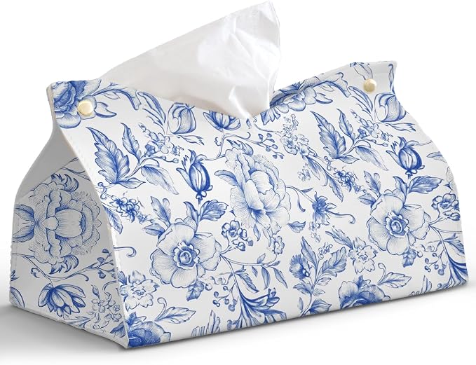 Blue Chinoiserie Tissue Box Cover Rectangle, PU Leather Decorative Facial Paper by PaJiaNi