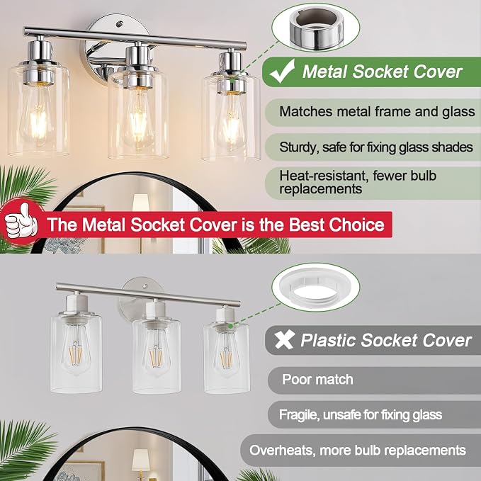 3-Light Bathroom Light Fixtures, Chrome Bathroom Wall Light - Image 7