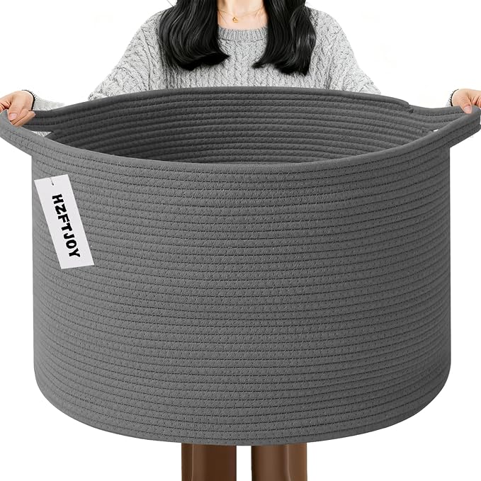 115L Large Blanket Basket, 23.6" L x 23.6" W x 15.7" H Rope Woven Baskets by HZFTJOY