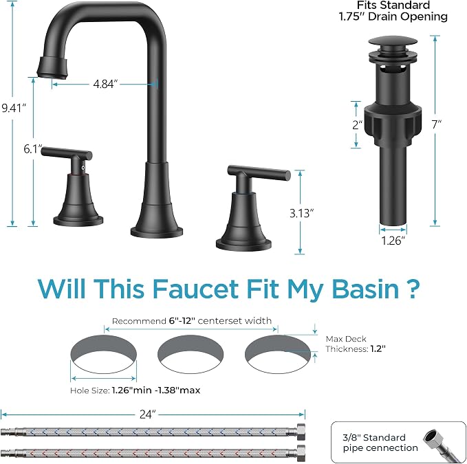 FORIOUS Black Bathroom Faucet for Sink 3 Hole, Widespread Matte Black Bathroom - Image 2