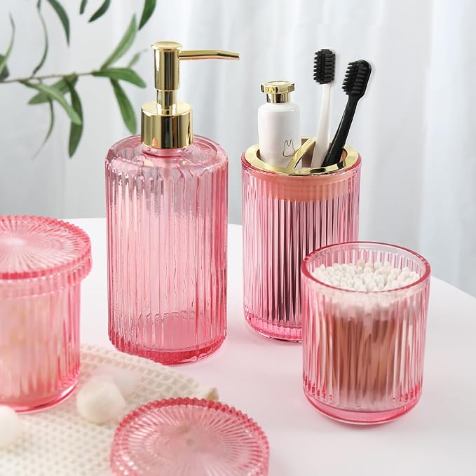 Pink Bathroom Accessories Set, 4 Pack Ribbed Grils Soap Dispenser and - Image 5