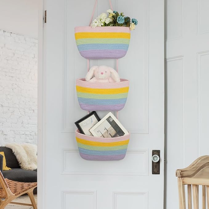 TeoKJ Over the Door Organizer, 3-Tier Woven Cotton Hanging Storage Baskets - Image 6