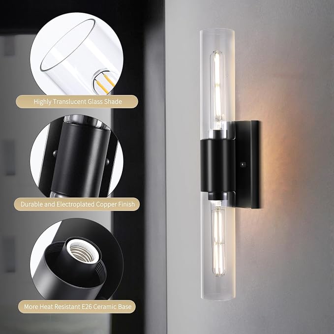 Bathroom Wall Sconces Set of Two Black, Hallway-Black Clear - Image 4