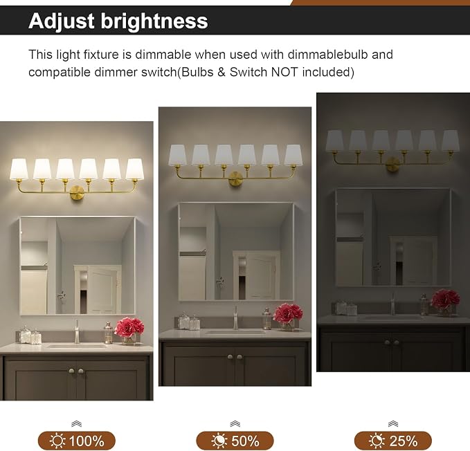 Bathroom Vanity Light, Brushed Gold Bathroom Light Fixtures, 6-Light Lighting - Image 5