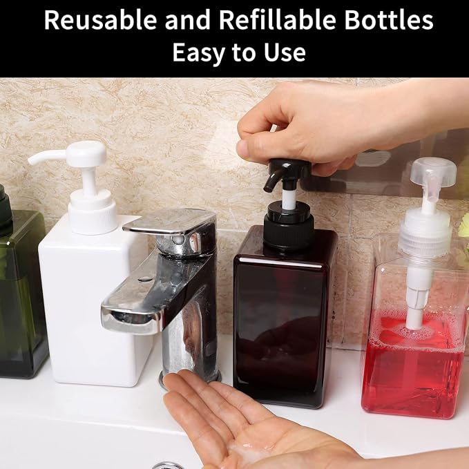 450ml Pump Bottle Dispenser Jansburg 2Pack Refillable Square Plastic Lotion - Image 6